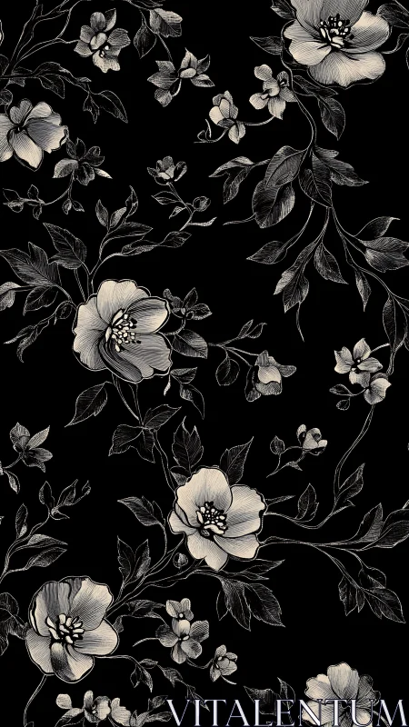 Monochromatic Botanical Engraving: Anemone Flowers Black Background Pattern