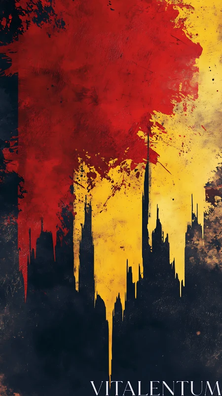 Vertical crimson and ochre drips forming abstract skyline.