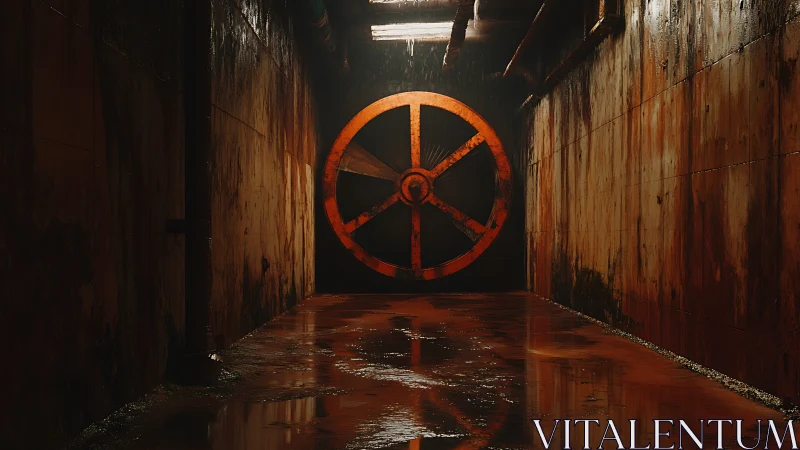 Corroded industrial sluice tunnel with large orange valve wheel