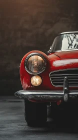 Front section of vintage red car is shown in profile