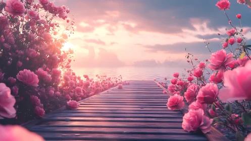 Pink Peonies Line Tranquil Waterway at Sunset