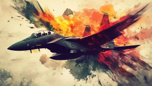 Powerful fighter jet cuts through a storm of blazing color
