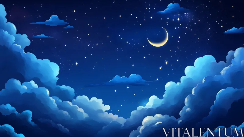 Night sky with crescent moon above layered cumulus clouds.