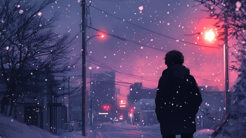 Digital painting of lone figure in nocturnal urban snowfall.