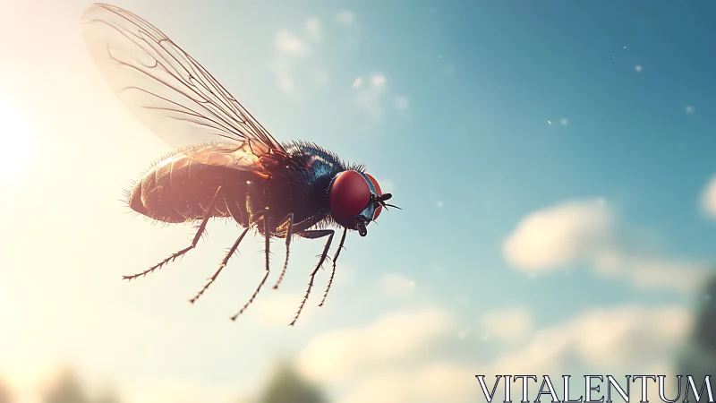Macro housefly hovers sharply against bright summer sky