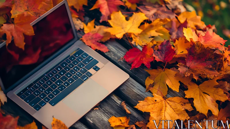 Autumn laptop daydream under maple leaf confetti on wood.