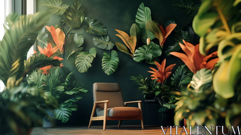 Cozy reading chair tucked into a lush indoor jungle nook.