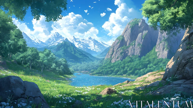 Sunlit alpine valley cradling a crystal river of dreams.