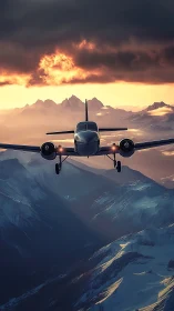 Twin engine aircraft cuts through storm-lit alpine dusk