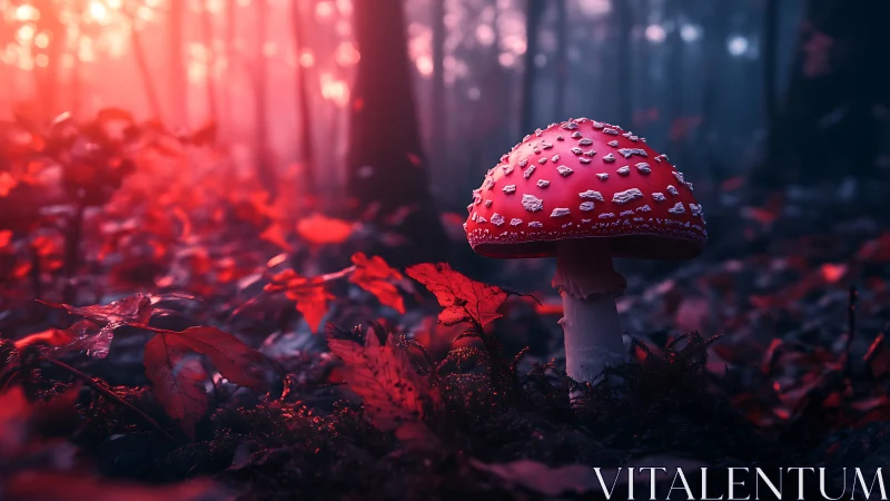 Enchanted red mushroom glows in a misty twilight forest.
