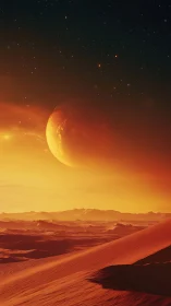 Alien desert horizon glows beneath looming molten planet.
