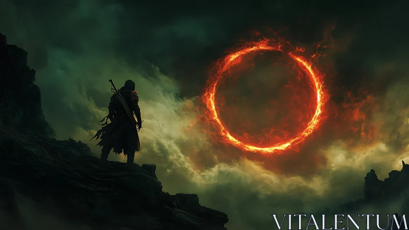 Digital painting of lone warrior under fiery celestial ring.