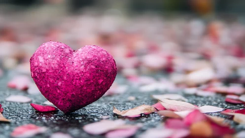 Magenta glitter heart on asphalt with scattered petals and shallow depth field