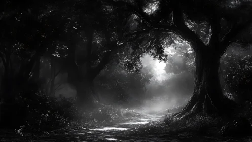 Moonlit forest path cuts through dense shadowed trees.
