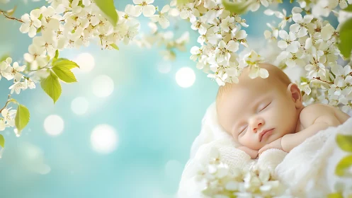 Peaceful Newborn Dreams Nestled Among Spring Blossoms
