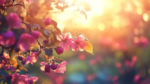 Magenta Blossoms Bathed in Golden Sunset Bokeh