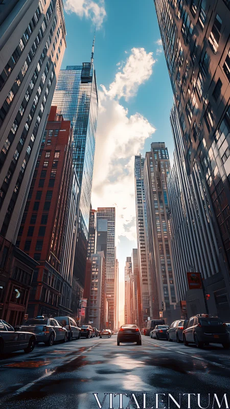 Sunlit urban canyon frames reflective wet city roadway