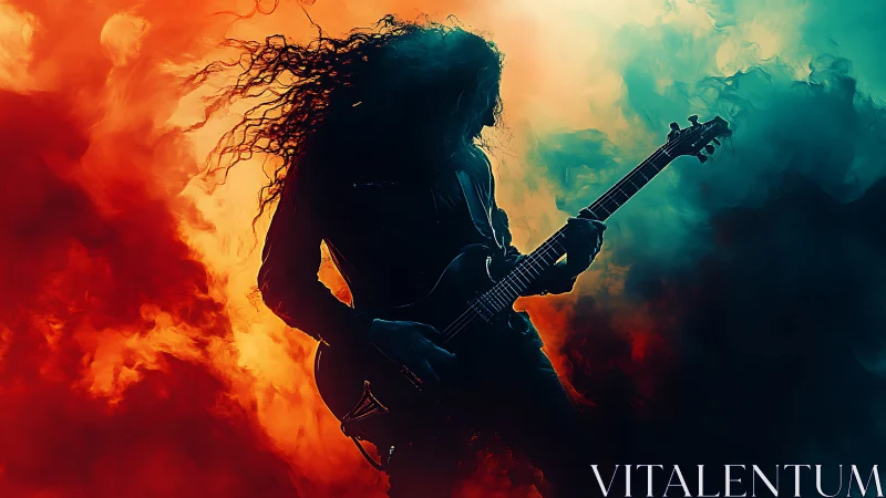 Silhouetted rock guitarist divides fiery and cyan nebular smoke