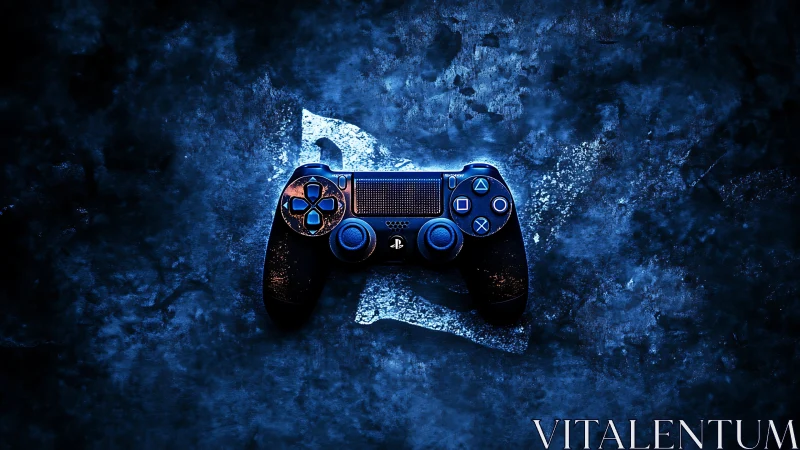Glowing PlayStation Controller Emerges from Electric Blue Stone