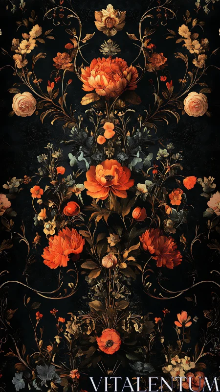 Ornate Baroque Floral Symmetry on Black Background