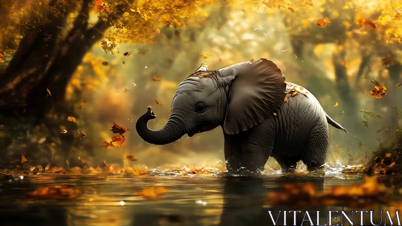 Playful baby elephant in glowing autumn forest stream.