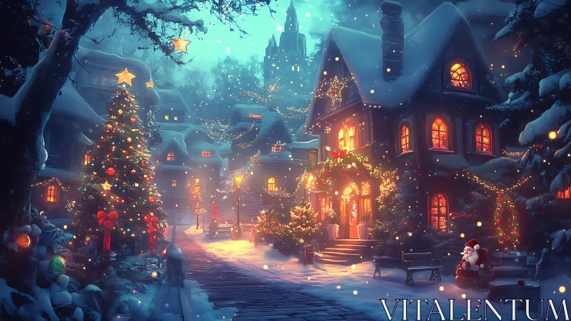 Snowlit village avenue wrapped in glowing Christmas wonder.
