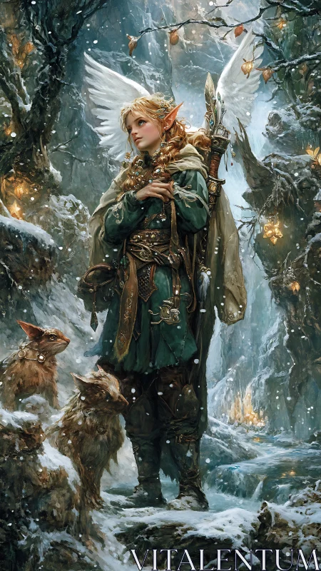Snowy forest guardian elf with wings and loyal fox guides.