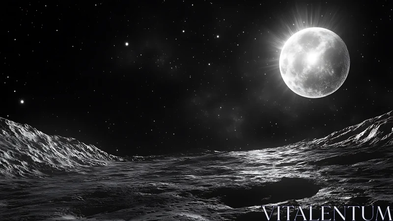 Silver moonlight pours across a lonely cratered frontier