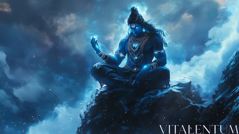 Mythic blue deity meditating amid stormlit mountain clouds.