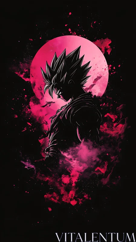 Silhouetted spiky‑haired warrior against neon magenta lunar disc