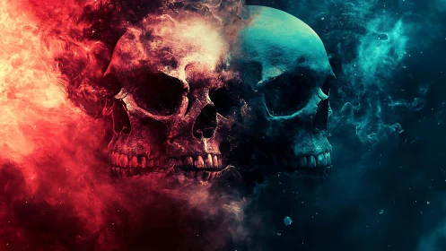 Twin flaming skulls split by red and blue infernal smoke.