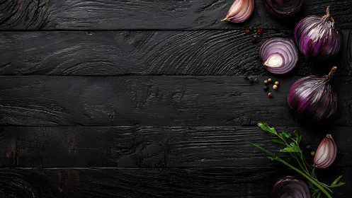 Rich purple onions on charred black wooden background.