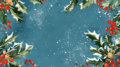 Snow-dusted holly foliage and berries on teal winter background