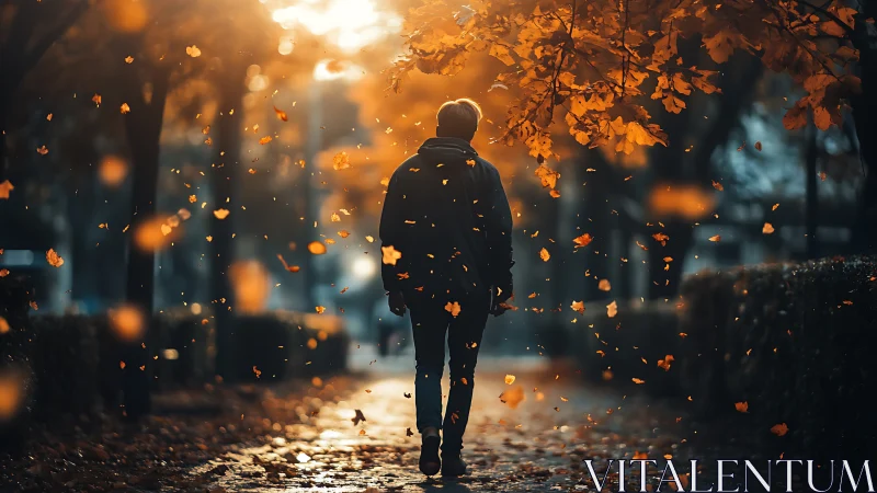 Figure on tree-lined path under falling autumn leaves at dusk.
