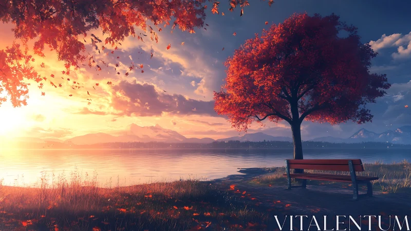 Autumn lakeside bench under red tree at sunset horizon.