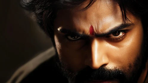 Fierce gaze carves molten light across a warrior’s brow