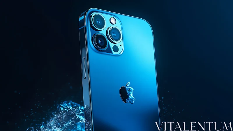 Blue iPhone Pro smartphone with triple camera system.