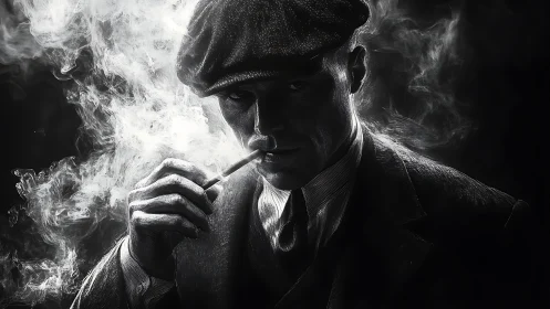 Smoldering gangster portrait in dramatic noir smoke.