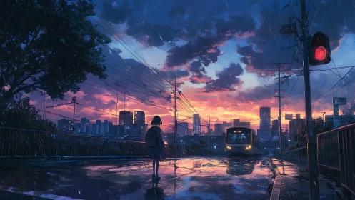 Anime twilight cityscape with reflective rain-soaked roadway scene.