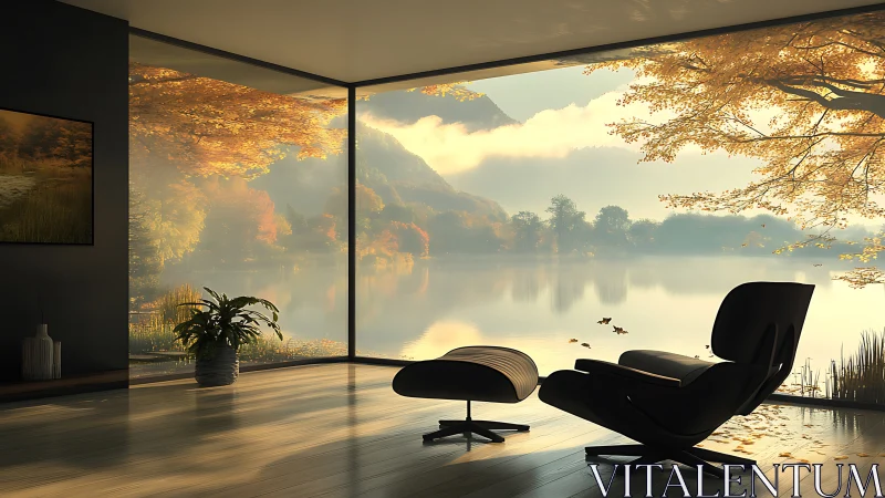 Modern lakefront lounge frames misty autumn panorama.