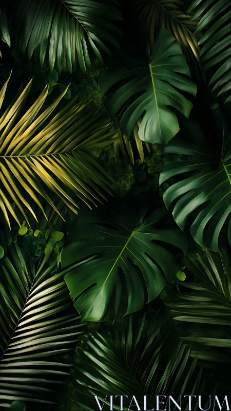 Layered tropical foliage with overlapping green leaves.