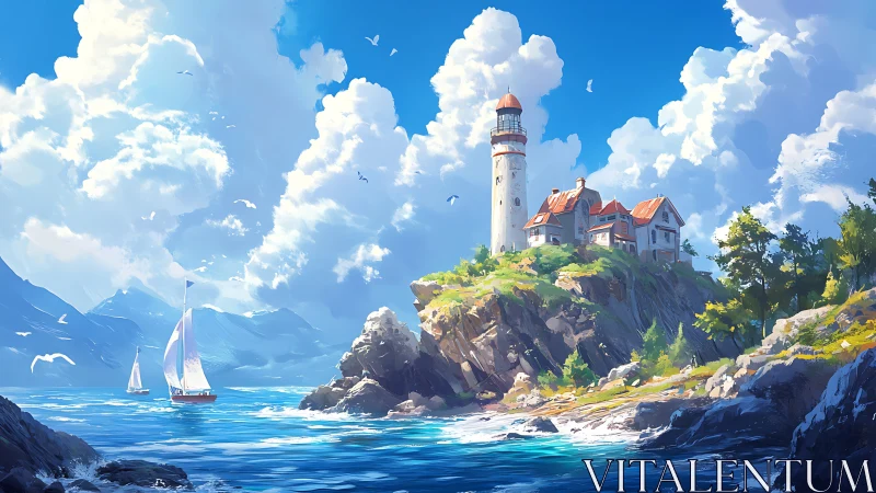 Lighthouse on Rocky Coastal Cliff Under Azure Sky
