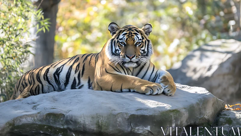 Resting tiger on sunlit rock in natural outdoor habitat.