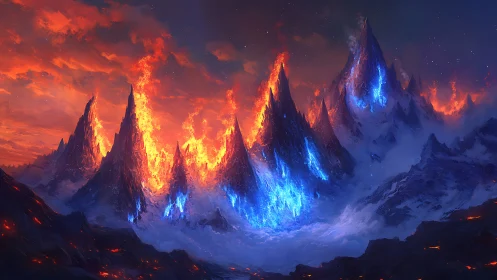 Volcanic Peaks Ignited with Blue and Orange Fire.