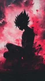 Silhouetted warrior in crimson nebula with dynamic energy field.