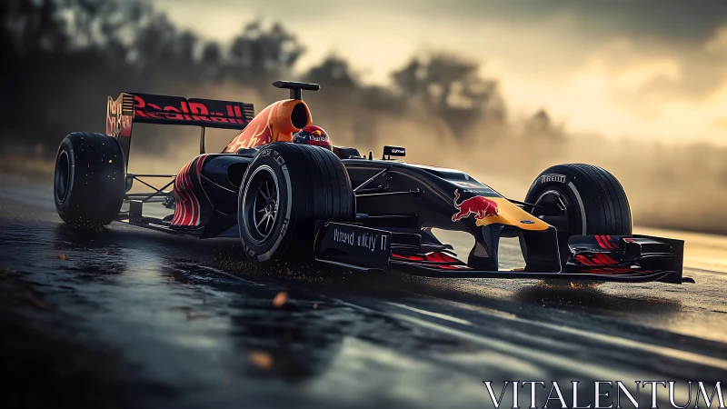 Sleek Formula race car powers forward on a misty wet track