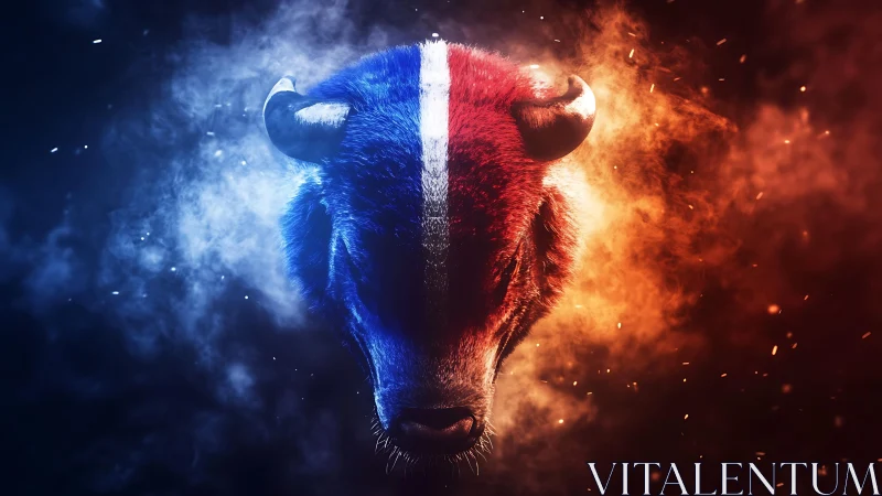 Fire and ice bison head split by white stripe in smoke.