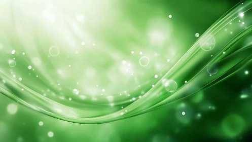 Abstract green waves with glowing light effects and soft bokeh.