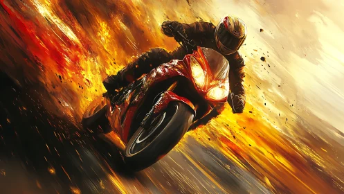 Firestorm superbike rider carving sparks through chaos.