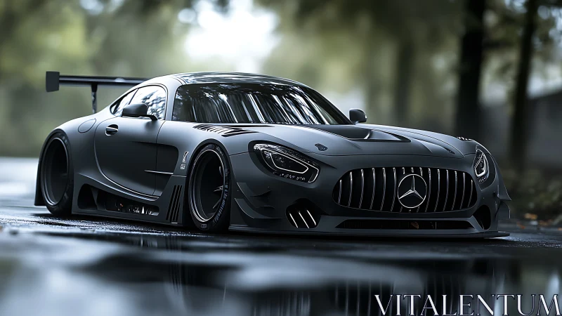 Sleek matte-black sports car waiting on a glistening road.